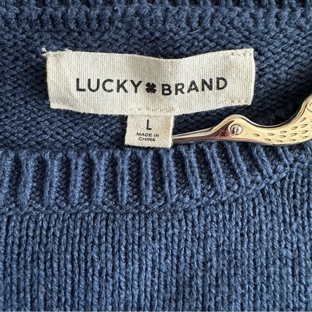 Lucky Brand Navy Blue Crop Sweater with Lucky Clover Graphic Rolled Hem Size L - Picture 4 of 8
